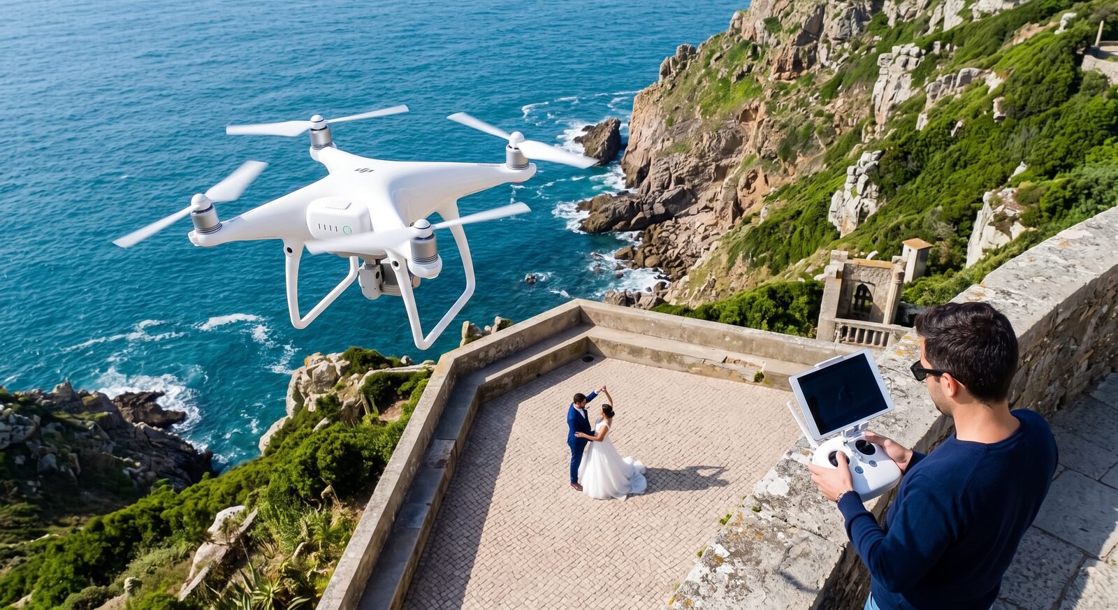 Drone a filmar casal de noivos num local com vista para o mar