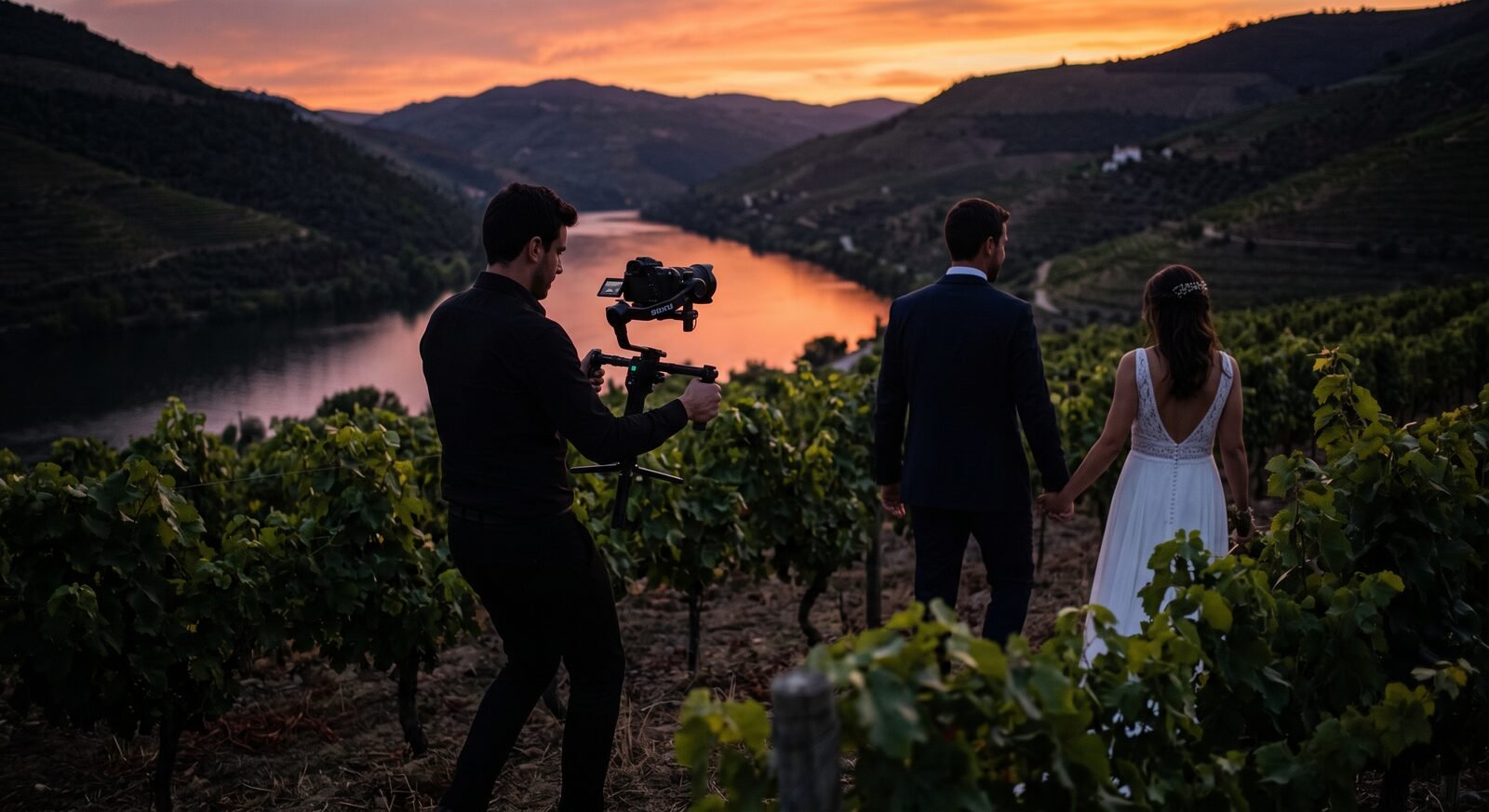 Videografo a filmar casal ao por do sol no Vale do Douro