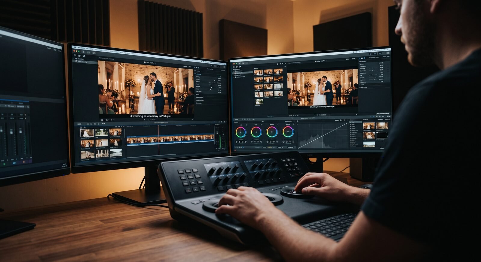 Editor de video a fazer a montagem e correcao de cor de um filme de casamento